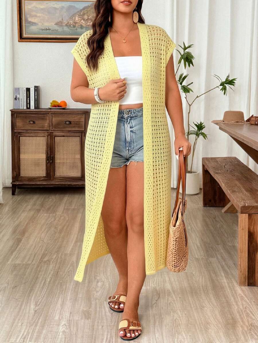 Weeklong Women's Plus Size Casual Vacation Cap Sleeve Hollow Out Long Cardigan Fall - Yellow - View 1