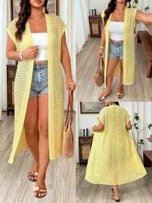 Weeklong Women's Plus Size Casual Vacation Cap Sleeve Hollow Out Long Cardigan Fall - Yellow - View 8