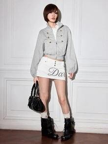 ROMWE Y2K Napoleon Style Bronze Metal Buckle Grey Cropped Women's Sweatshirt - Grey - View 1