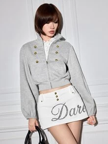 ROMWE Y2K Napoleon Style Bronze Metal Buckle Grey Cropped Women's Sweatshirt - Grey - View 7
