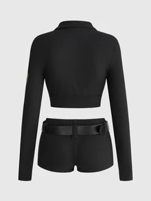 ROMWE Anime Halloween Police Cosplay Costume Sexy Tight Top & Ultra Low Waist Mini Shorts Women 2 Pieces Set - Black - View 13