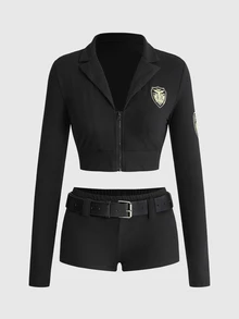 ROMWE Anime Halloween Police Cosplay Costume Sexy Tight Top & Ultra Low Waist Mini Shorts Women 2 Pieces Set - Black - View 2