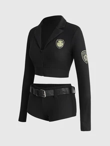 ROMWE Anime Halloween Police Cosplay Costume Sexy Tight Top & Ultra Low Waist Mini Shorts Women 2 Pieces Set - Black - View 12