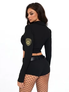 ROMWE Anime Halloween Police Cosplay Costume Sexy Tight Top & Ultra Low Waist Mini Shorts Women 2 Pieces Set - Black - View 4