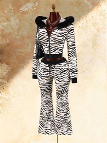 Amplova 女款斑馬紋毛領連帽拉鍊休閒日常長袖運動衫 - 黑與白 - 查看 3