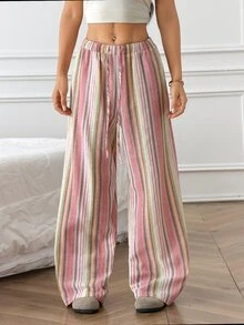 SHEIN PETITE Women's Summer Casual Comfortable Cotton Wide Leg Pants - Home, Vacation, Beach Style, Loose Fit Colorful Striped Design - Pink - View 5