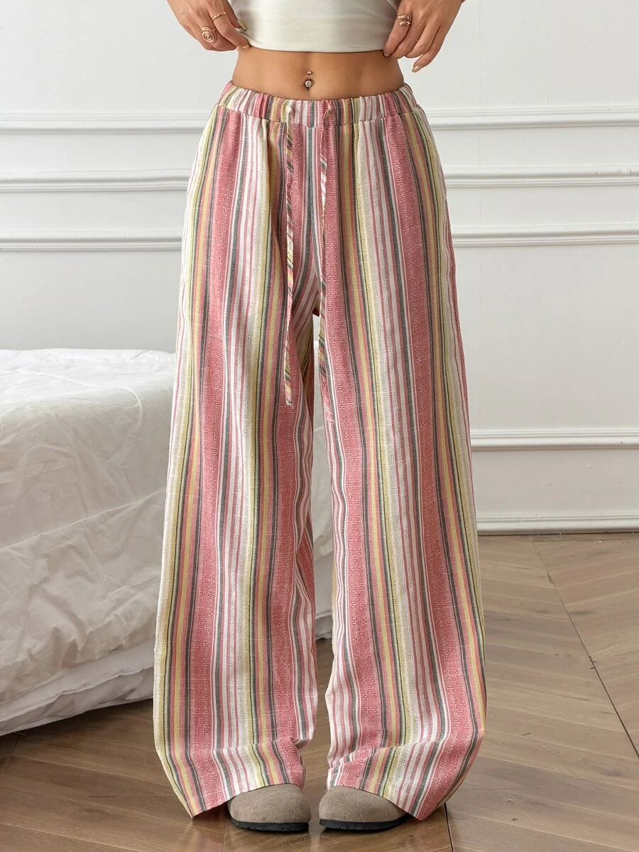 SHEIN PETITE Women's Summer Casual Comfortable Cotton Wide Leg Pants - Home, Vacation, Beach Style, Loose Fit Colorful Striped Design - Pink - View 1