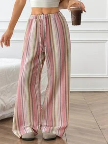 SHEIN PETITE Women's Summer Casual Comfortable Cotton Wide Leg Pants - Home, Vacation, Beach Style, Loose Fit Colorful Striped Design - Pink - View 4