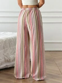 SHEIN PETITE Women's Summer Casual Comfortable Cotton Wide Leg Pants - Home, Vacation, Beach Style, Loose Fit Colorful Striped Design - Pink - View 2