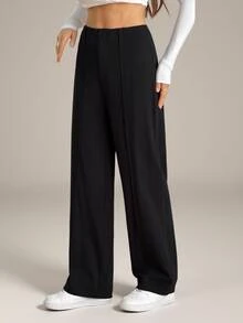 SHEIN Tall Celana Panjang Pinggang Tinggi dengan Jahitan Depan dan Potongan Lebar - Hitam - View 3
