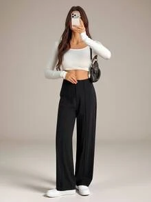 SHEIN Tall Celana Panjang Pinggang Tinggi dengan Jahitan Depan dan Potongan Lebar - Hitam - View 2