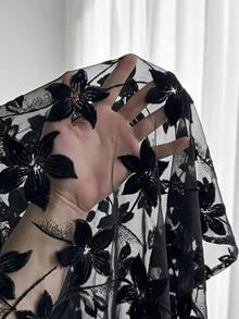 Enliva Plus Size Women's Spring/Summer Floral Mesh Cardigan Shawl, Suitable For Vacation, Daily Wear, Beach Holiday Fall - Black - View 7