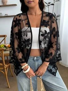 Enliva Plus Size Women's Spring/Summer Floral Mesh Cardigan Shawl, Suitable For Vacation, Daily Wear, Beach Holiday Fall - Black - View 3