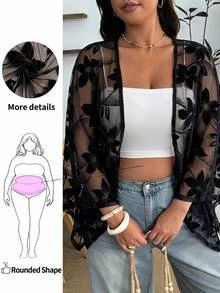Enliva Plus Size Women's Spring/Summer Floral Mesh Cardigan Shawl, Suitable For Vacation, Daily Wear, Beach Holiday Fall - Black - View 8