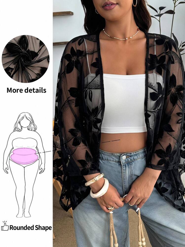 Enliva Áo khoác cardigan choàng vai lưới hoa cho nữ size lớn, mùa xuân/hè, phù hợp đi du lịch, mặc hằng ngày, đi biển nghỉ dưỡng - màu đen - Xem 8