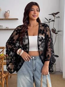 Enliva Plus Size Women's Spring/Summer Floral Mesh Cardigan Shawl, Suitable For Vacation, Daily Wear, Beach Holiday Fall - Black - View 6