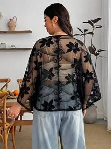 Enliva Plus Size Women's Spring/Summer Floral Mesh Cardigan Shawl, Suitable For Vacation, Daily Wear, Beach Holiday Fall - Black - View 2
