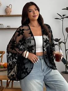 Enliva Plus Size Women's Spring/Summer Floral Mesh Cardigan Shawl, Suitable For Vacation, Daily Wear, Beach Holiday Fall - Black - View 1