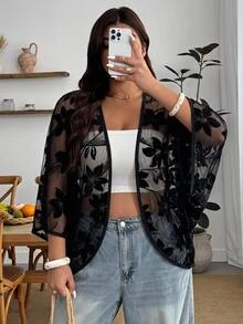 Enliva Plus Size Women's Spring/Summer Floral Mesh Cardigan Shawl, Suitable For Vacation, Daily Wear, Beach Holiday Fall - Black - View 4