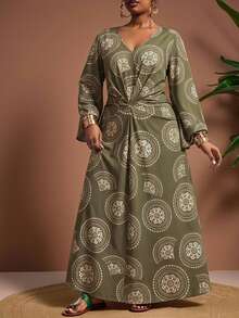 Truni Gaun Retro Elegan Warna Hijau Zaitun Ukuran Plus untuk Wanita, Sempurna untuk Dipakai di Musim Gugur - MultiWarna - View 3