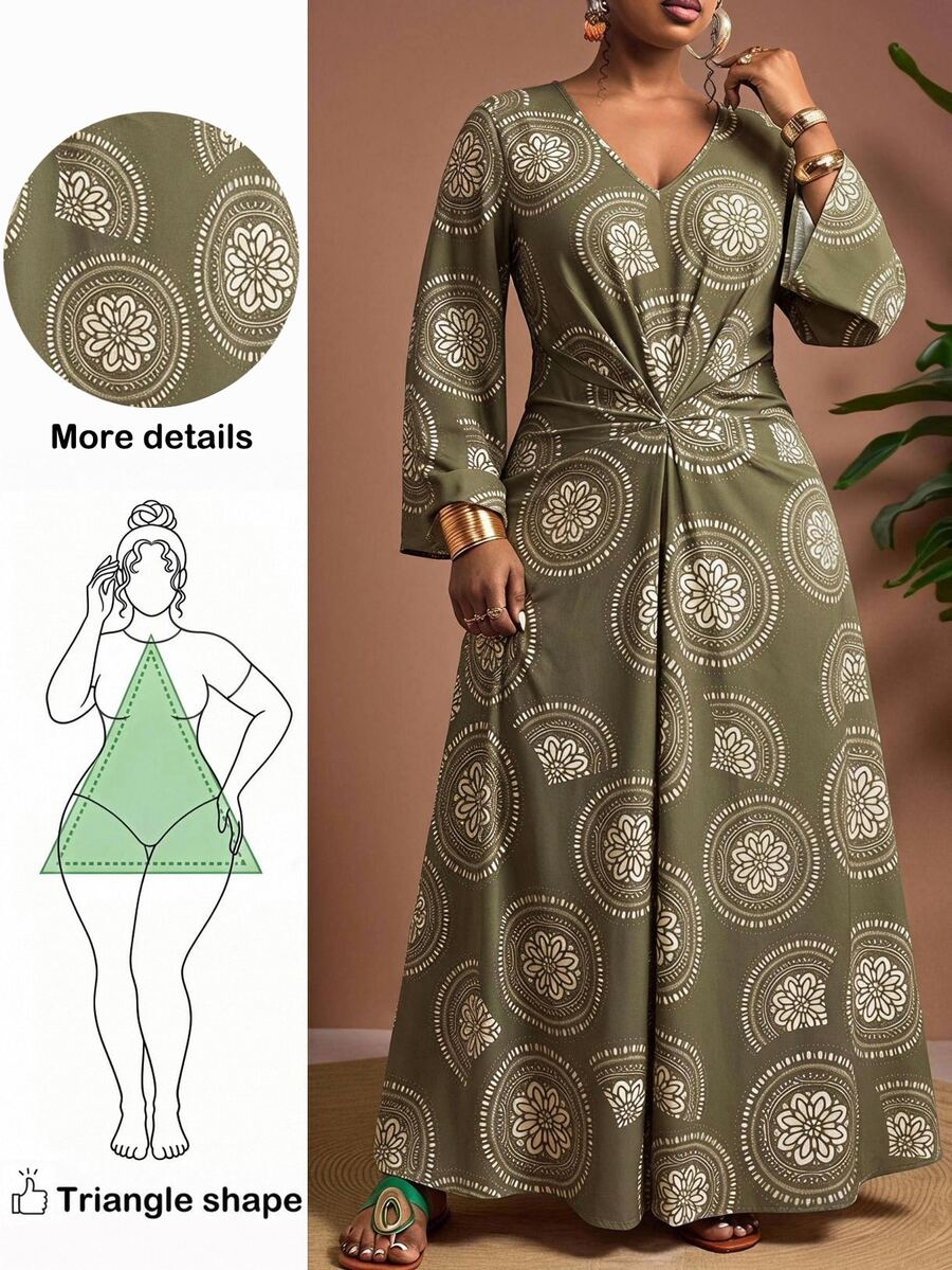 Truni Gaun Retro Elegan Warna Hijau Zaitun Ukuran Plus untuk Wanita, Sempurna untuk Dipakai di Musim Gugur - MultiWarna - View 1