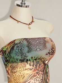SHEIN ICON 女士豹纹斑马纹系带露脐上衣，侧开衩 - 彩色 - 查看 7