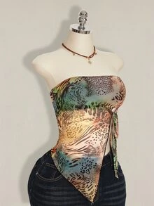 SHEIN ICON 女士豹纹斑马纹系带露脐上衣，侧开衩 - 彩色 - 查看 3