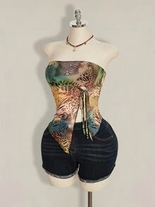 SHEIN ICON 女士豹纹斑马纹系带露脐上衣，侧开衩 - 彩色 - 查看 4