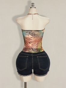 SHEIN ICON 女士豹纹斑马纹系带露脐上衣，侧开衩 - 彩色 - 查看 2