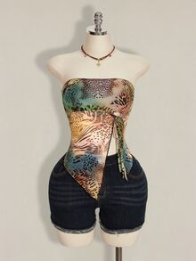 SHEIN ICON 女士豹纹斑马纹系带露脐上衣，侧开衩 - 彩色 - 查看 8