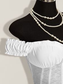 SHEIN ICON 女士纯色褶皱露肩时尚衬衫 - 白色 - 查看 6