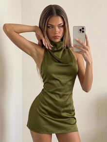SHEIN ICON 優雅露背超長繫帶掛脖迷你洋裝 - 橄欖綠 - 查看 3