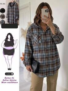 SHEIN CURVE+ 大尺碼女款休閒連帽寬鬆格子襯衫，秋季格子襯衫，萬聖節秋季款 - 彩色 - 查看 2