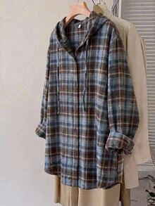 SHEIN CURVE+ 大尺碼女款休閒連帽寬鬆格子襯衫，秋季格子襯衫，萬聖節秋季款 - 彩色 - 查看 1