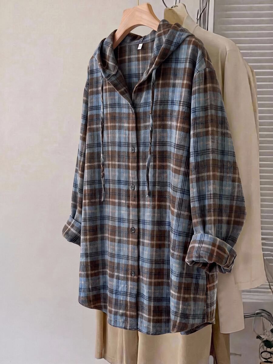 SHEIN CURVE+ 大尺碼女款休閒連帽寬鬆格子襯衫,秋季格子襯衫,萬聖節秋季款 - 彩色 - 查看 1