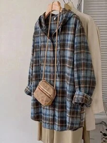 SHEIN CURVE+ 大尺碼女款休閒連帽寬鬆格子襯衫，秋季格子襯衫，萬聖節秋季款 - 彩色 - 查看 3
