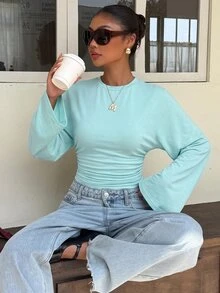 Muchica 女款休閒舒適鴨藍色蝙蝠袖長袖T恤，秋冬款 - 水鴨藍 - 查看 5