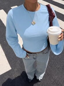 Muchica 女款休閒舒適淺藍色蝙蝠袖圓領長袖T恤，秋冬款 - 淺藍色 - 查看 6