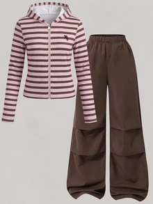 SHEIN 青少年女孩秋季外套套裝，秋冬休閒穿搭，白色長袖連帽拉鍊夾克、寬腿長褲、細肩帶背心 - 棕色 - 查看 7
