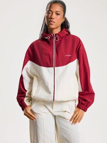 Athîral Women's Burgundy Colorblock Tracksuit Set,Relaxed Fit,Hooded Zip Jacket,Jogger Pants,Sporty Streetwear,Fitness,Airport,Daily Wear,Going Out Tops - Multicolor - View 3