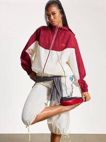 Athîral Women's Burgundy Colorblock Tracksuit Set,Relaxed Fit,Hooded Zip Jacket,Jogger Pants,Sporty Streetwear,Fitness,Airport,Daily Wear,Going Out Tops - Multicolor - View 1