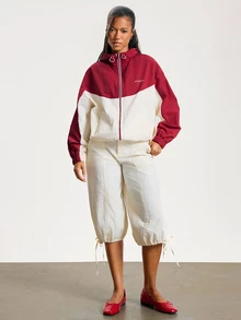 Athîral Women's Burgundy Colorblock Tracksuit Set,Relaxed Fit,Hooded Zip Jacket,Jogger Pants,Sporty Streetwear,Fitness,Airport,Daily Wear,Going Out Tops - Multicolor - View 4
