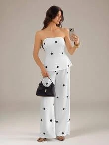 SHEIN Tall Polka Dot Print Tube Top & Wide Leg Pants - White - View 5