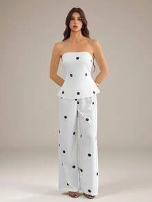 SHEIN Tall Polka Dot Print Tube Top & Wide Leg Pants - White - View 3