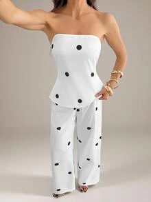 SHEIN Tall Polka Dot Print Tube Top & Wide Leg Pants - White - View 6