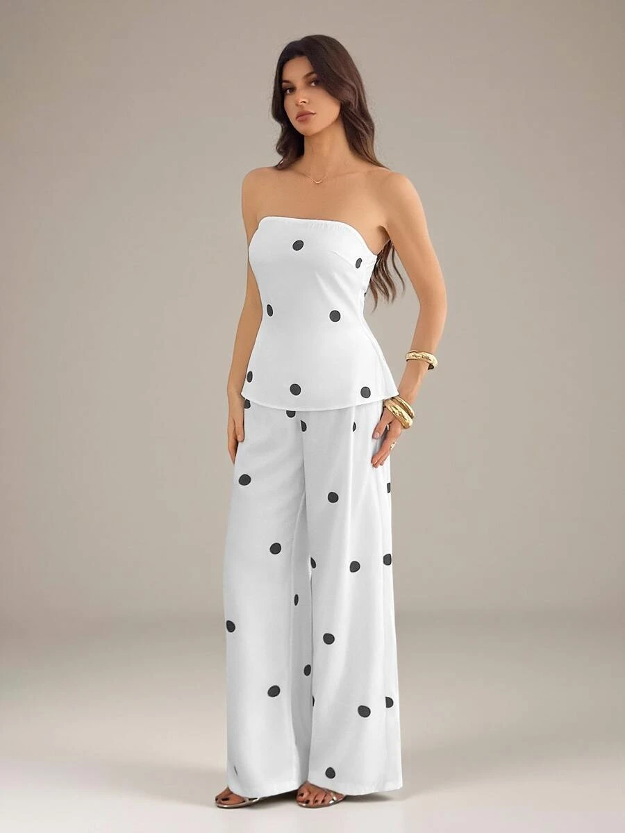 SHEIN Tall Polka Dot Print Tube Top & Wide Leg Pants - White - View 1