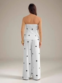 SHEIN Tall Polka Dot Print Tube Top & Wide Leg Pants - White - View 4
