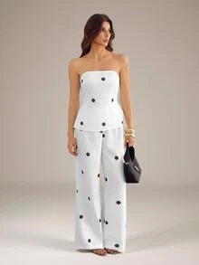 SHEIN Tall Polka Dot Print Tube Top & Wide Leg Pants - White - View 2