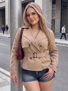 SHEIN ICON Plus Size Solid Color Double-Breasted Trench Coat Autumn Teachers' Day Office Evening Formal Elegant Casual Khaki - Khaki - View 1