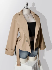 SHEIN ICON Plus Size Solid Color Double-Breasted Trench Coat Autumn Teachers' Day Office Evening Formal Elegant Casual Khaki - Khaki - View 9